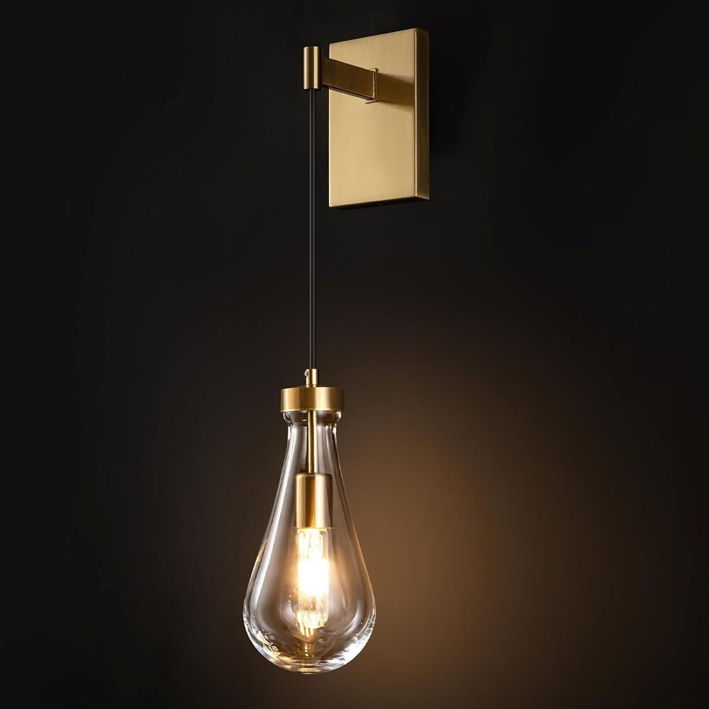 BELS Gold Wall Sconce, 17" Wall Light for Bedroom, Raindrop Glass Shade, 3000K